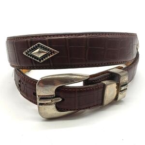 Vintage belt Unisex 34-36 brown croc embossed leather silver diamond conchos tip
